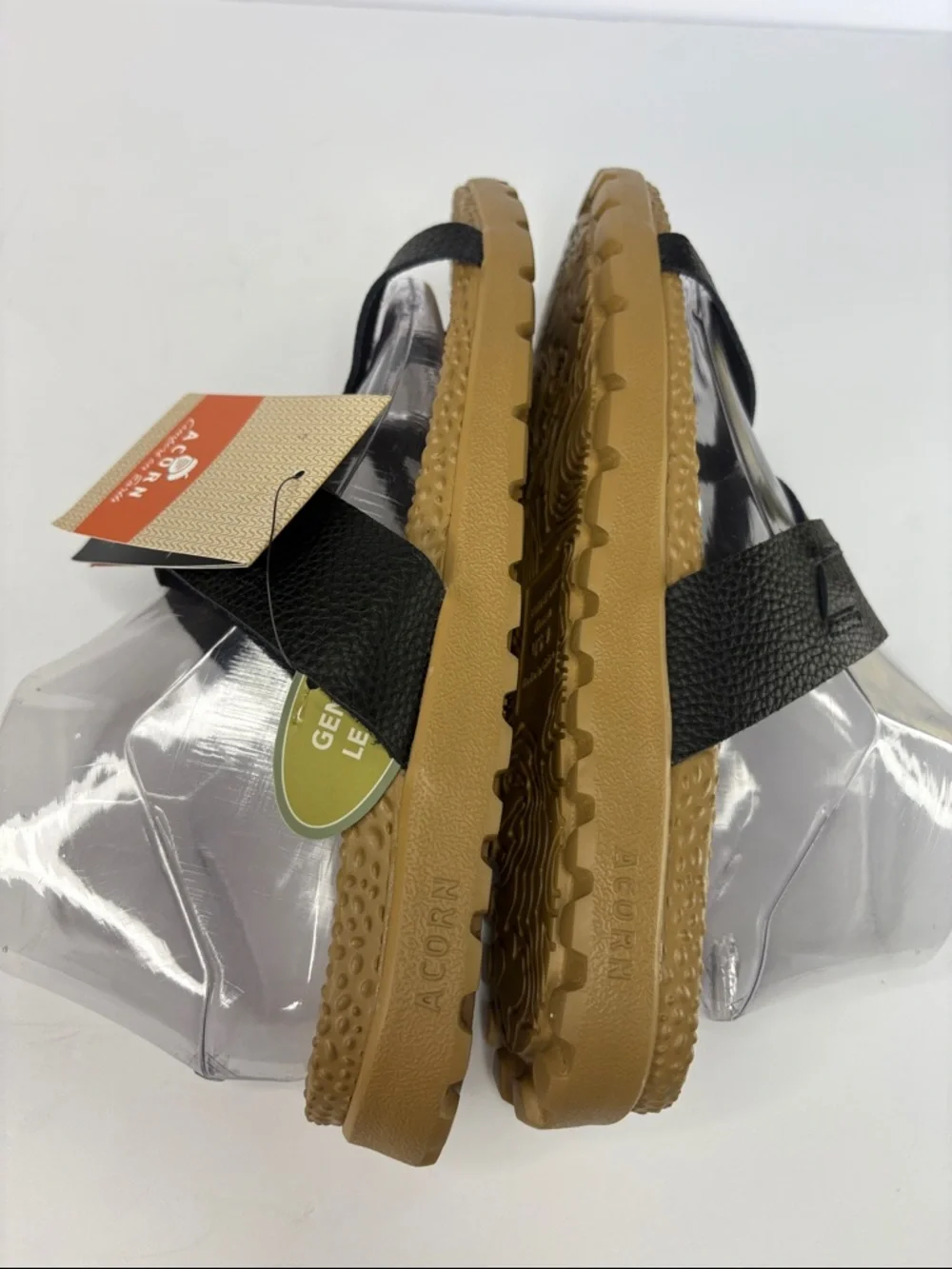 NWT Acorn Black Leather Crisscross Strap Slide Sandals